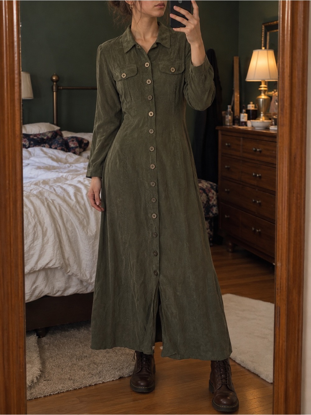 Vintage 90s Liz Claiborne Olive Rayon Utility Maxi Shirt Dress 6P